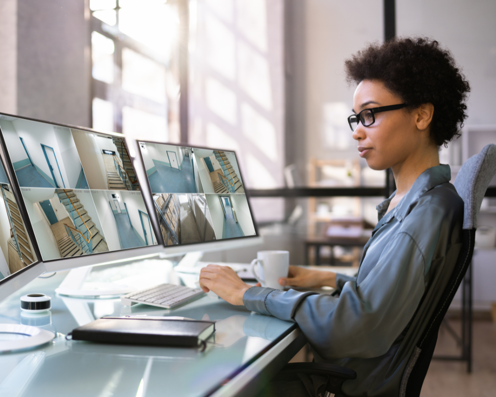 Female security officer sitting at a desk watching multiple surveillance camera feeds on computer monitors