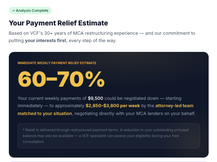 Results screen showing a payment relief estimate of 60–70%
