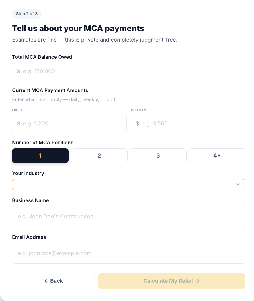 Step 2 of 3 form collecting total MCA balance owed
